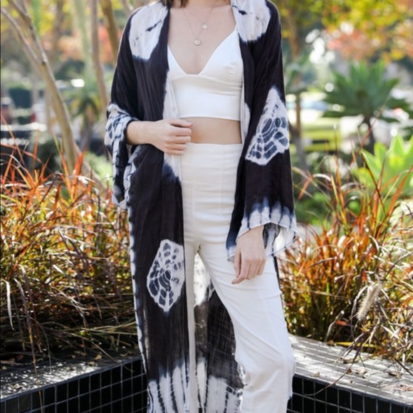 Kimono Tie Dye Long Cover Up BLACK - Picture 3 of 4